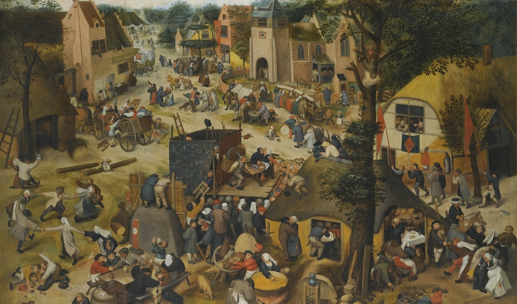 Het leven op straat in de Middeleeuwen. Links zien we hoe kinderen zich vermaken. In het middel wordt een toneelspel opgevoerd. Schilderij van Pieter Bruegel de Oude. Licentie: Public Domain.